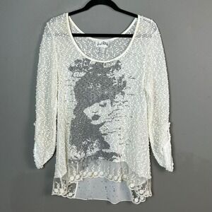 Joseph Ribkoff top Sweater Size 10 White Open Knit Net Graphic Pop Art Lace 90s